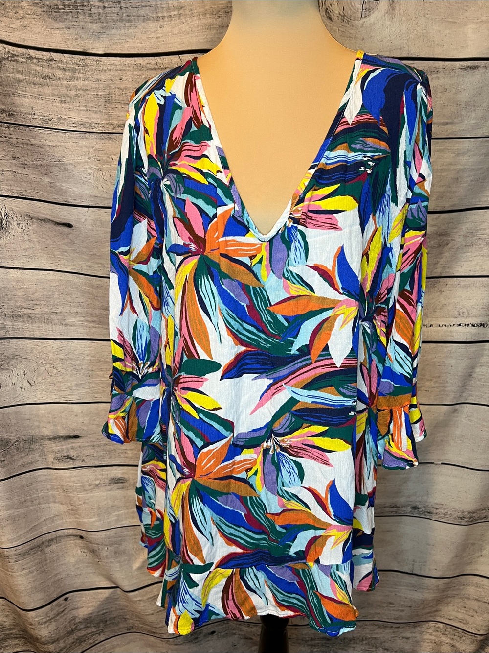 Anne Cole Vibrant Tropical Floral V-Neck Swim Coverup Tunic Top Multi-Color